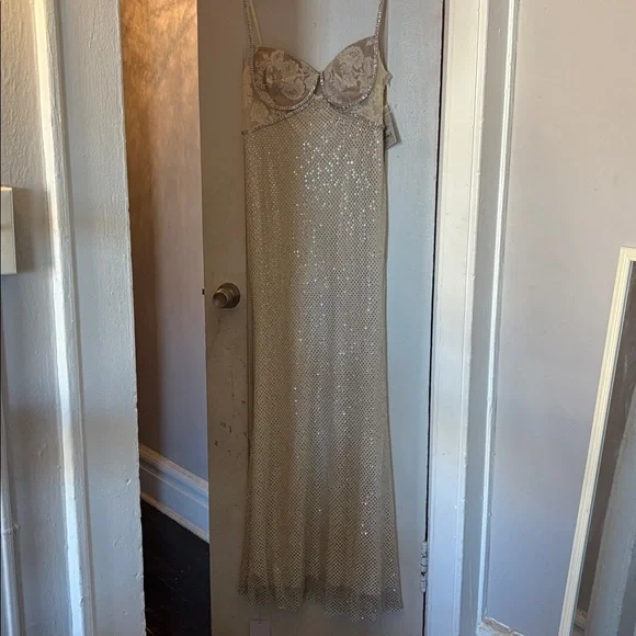 Self Portrait cream rhinestone mesh maxi dress elegant cocktail ethereal US 12 - Picture 5 of 16